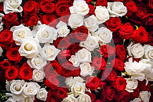 Flowers wall background with red and white roses Wedding decoration. Close- up. Generated AI