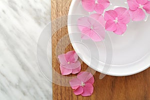 Flowers in a water bowl for aromatherapy on a wooden background