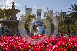 Flowers and water fountain architecture in the park