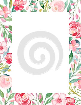 Flowers watercolor hand drawn raster frame template