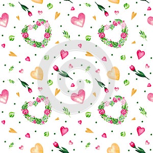 Flowers watercolor illustration pattern seamless. Set of Red flowers and green leaves heart on white background