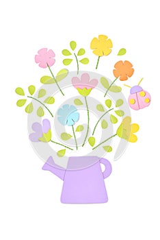 Flowers in watering can paper cut on white background