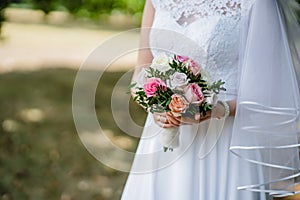  Flowers wedding, bride hold bouquet in hand for wedding ceremony