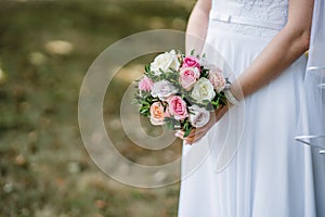 Flowers wedding, bride hold bouquet in hand for wedding ceremony High quality photo