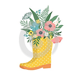 Flowers in wellies poster banner. Trendy vector rain boots and florals.