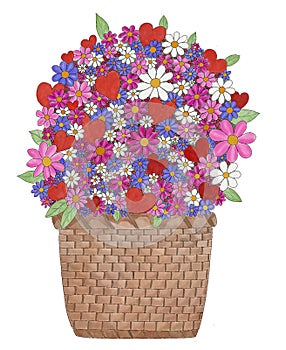 Flowers in wicker basket, watercolor illustration