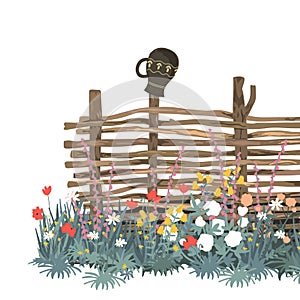 Flowers and wicker fence made of flexible willow or hazel wood, decorated with a ceramic jug. Vector isolated