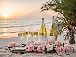 Flowers and wine on the beach. Generated with AI