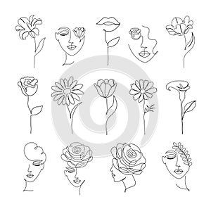 Flowers and women in one line drawing style