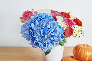 Flowers for women`s day. Mother`s day greeting card. Bouquet of flowers hydrangea, roses, asters, eustoma. Happy Birthday!