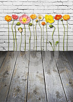 Flowers Wood Brick Wall Background