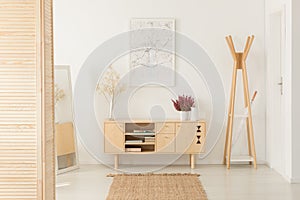 Flowers on wooden cupboard next to rack in white entrance hall interior with poster