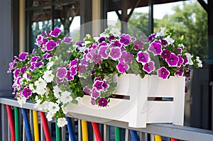 The flowers in the wooden planters are on the colorful frence