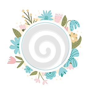 Flowers wreath isolated on white background. Spring flowers frame. Circle border of bouquet. Vector illustration