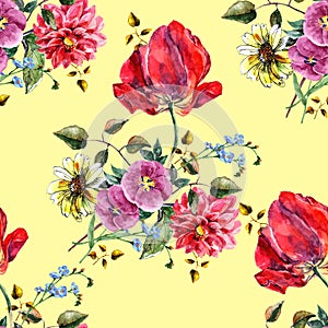 Watercolor bouquet flowers with tulip. Seamless pattern on a yellow background.