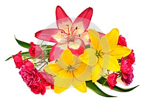 Flowers yellow lilies and pink roses with leaves isolated on white background. Beautiful bouquet. Creative spring concept