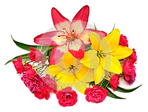 Flowers yellow lilies and pink roses with leaves isolated on white background