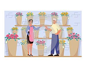 Flowershop interior. Florist selling bouquets. Woman at the refrigeration