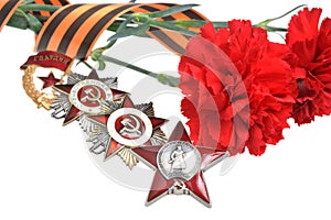 Flowerss tied with Saint George ribbon, orders of Great patriotic war