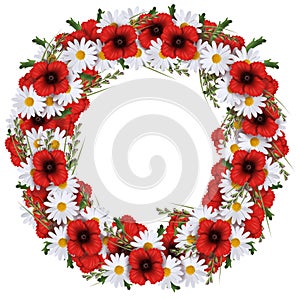 Flowerwreath of daisies, poppies and grass for celebration. Isolated on white