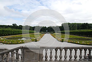 Flowery park, planted with trees, with water tanks of Bruhl castle in Germany