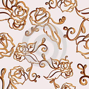 Flowery and swirls metallic seamless pattern on neutral background