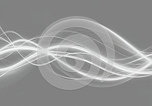 Flowing abstract white lines creating a wave-like pattern on a gray background. The lines