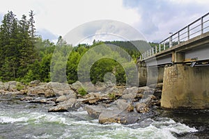 Flowing beautiful river lake Hemsila with Skogstad bru in Norway