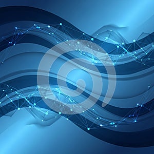 Waves intersect with a network of interconnected glowing nodes and