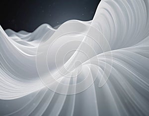 Flowing 3D waves in white and grey create a mesmerizing abstract pattern, featuring smooth curves and light gradients