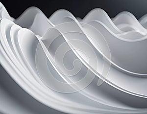 Flowing 3D waves in white and grey create a mesmerizing abstract pattern, featuring smooth curves and light gradients