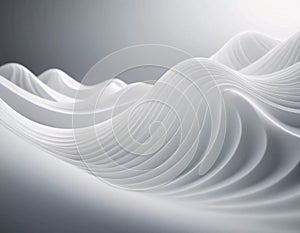 Flowing 3D waves in white and grey create a mesmerizing abstract pattern, featuring smooth curves and light gradients