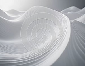 Flowing 3D waves in white and grey create a mesmerizing abstract pattern, featuring smooth curves and light gradients
