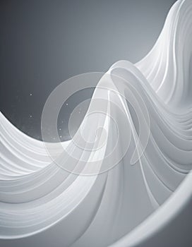 Flowing 3D waves in white and grey create a mesmerizing abstract pattern, featuring smooth curves and light gradients