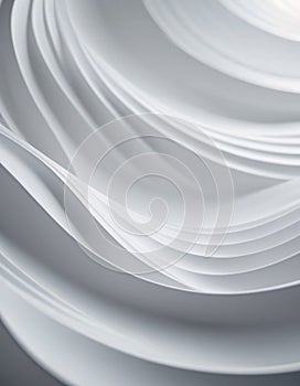 Flowing 3D waves in white and grey create a mesmerizing abstract pattern, featuring smooth curves and light gradients