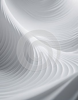 Flowing 3D waves in white and grey create a mesmerizing abstract pattern, featuring smooth curves and light gradients