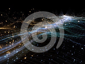 Flowing data streams, an abstract visualization of digital network energy using glowing particles