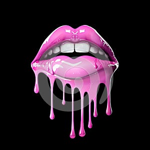 Flowing and dripping pink liquid on the lips on a black background