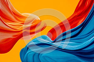 Flowing fabric textures in vibrant orange and blue twisting dynamically against a bold yellow background creating a striking