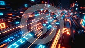 Flowing glowing binary code in a futuristic digital data stream environment