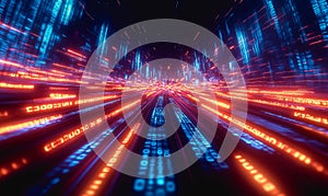 Flowing glowing binary code in a futuristic digital data stream environment