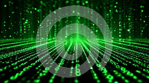 Flowing green binary code, a visual representation of digital data streams in cyberspace