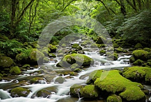 Flowing through a lush valley, a winding river meanders lazily, its gentle currents and verdant banks providing a haven