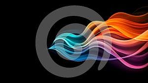 Flowing multicolored light trails create an abstract pattern against a dark background.