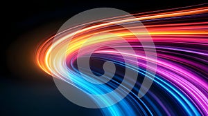 Flowing multicolored light trails create an abstract pattern against a dark background.