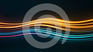 Flowing multicolored light trails create an abstract pattern against a dark background.