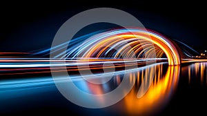 Flowing multicolored light trails create an abstract pattern against a dark background.