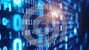 Flowing neon blue binary code on a dark computer screen creates a dynamic technological background, embodying the