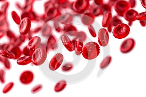 Flowing red blood cells isolated on white background