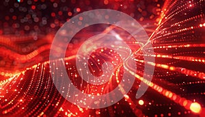 Flowing red light patterns create a dynamic visual effect in a digital landscape